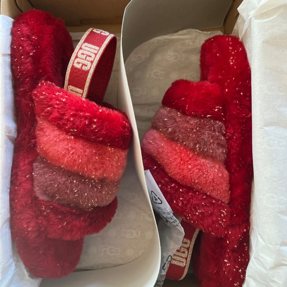 UGG Fluff Yeah Slingback Slippers Slides Red and Gold Glitter - Picture 8 of 10